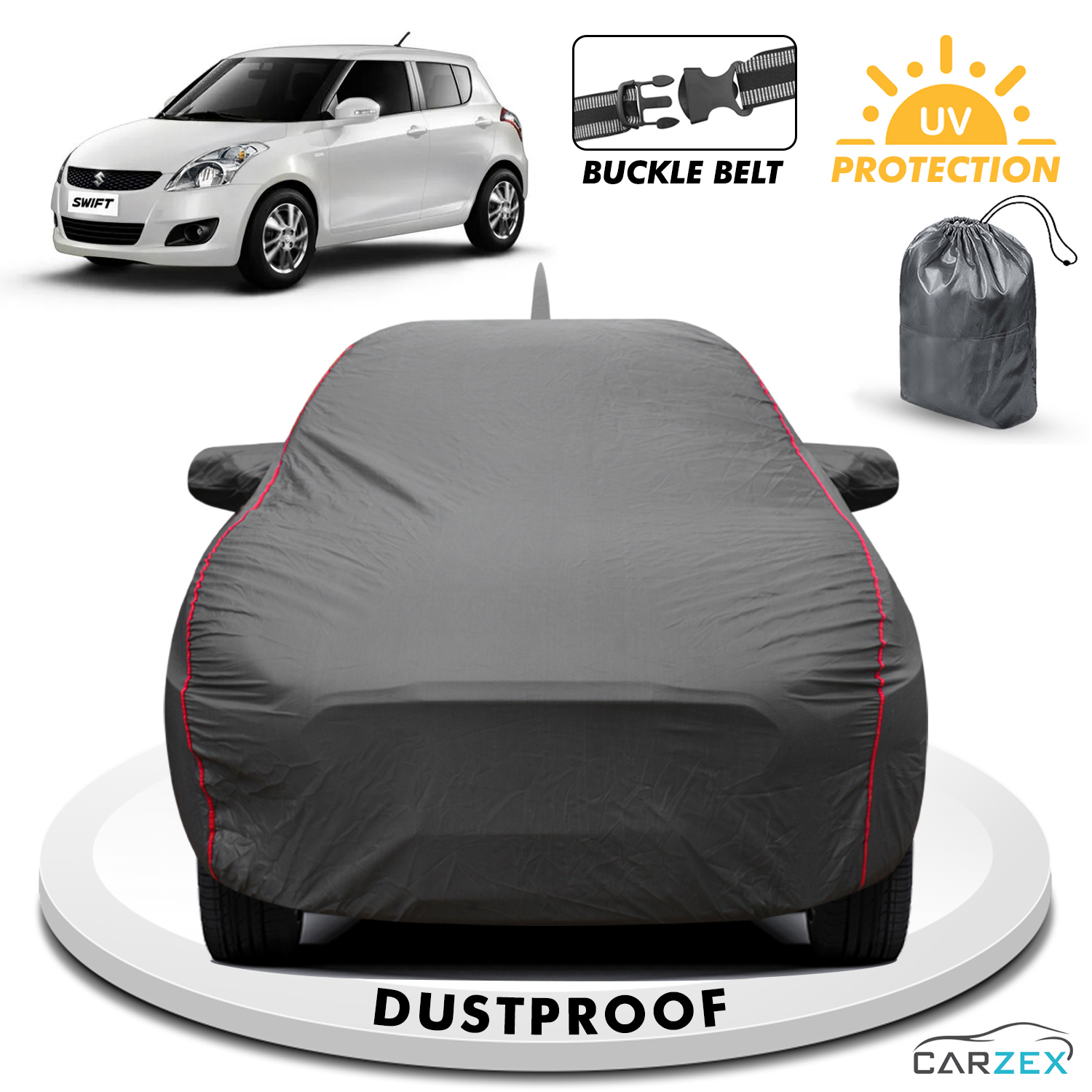 Carzex 2x2 Heavy Duty Red Border Car Body Cover For Maruti Suzuki Swift Old